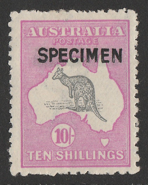 AUSTRALIA 1915 Kangaroo 10 - SPECIMEN. wmk. $6 3rd ACSC Import 58Bx cat Spasm price