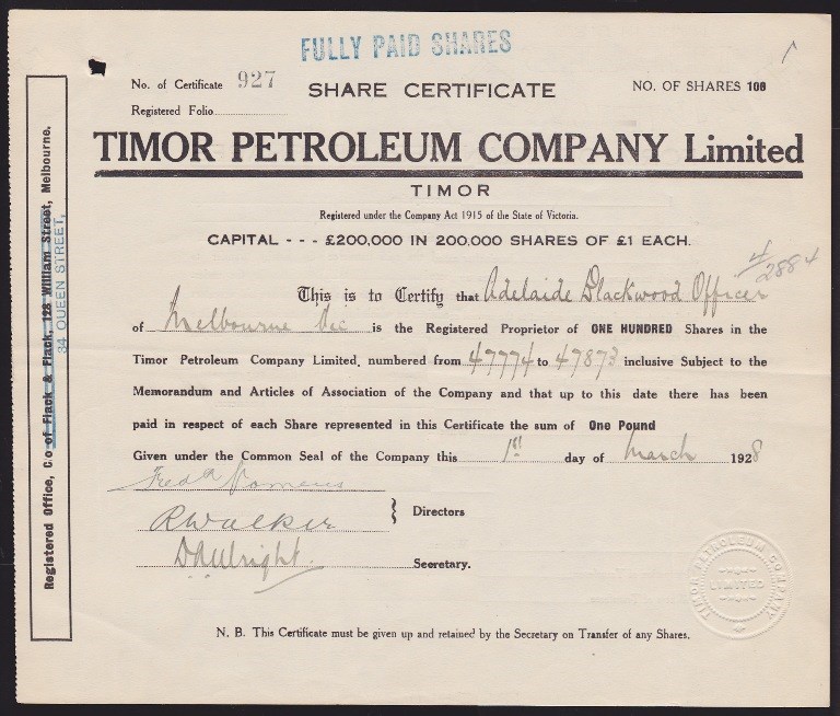 有关以下物品的详细资料: australia: 1928 share certificate.