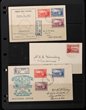 Covers: 1927-46 FDC & others inc 1927 1&frac12;d Canberra FDC (faint), 1937 NSW Sesqui set 2d-9d (2 sets on diff print covers), 1940 AIF 3d blue blk of 4, 1946 Peace set 2&frac12;d-5&frac12;d imprint blks of 4, 1946 Mitchell Exploration set 2&frac12;d to 1/-, other covers inc 1934 VIC Cent 2d (shades) on Commercial covers (2) & 1966 Feb 9 use of 4c Queen with 4c red, taxed (used before Feb 14). SG var. ACSC car cat $280+. (13 covers)