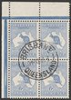6d Ultramarine UL gutter cnr block of 4 from right pane. Superb w/c CTO with UH gum with central 'BRISBANE / 315PM 12NOV13 / QUEENSLAND' SG8(var). ACSC 17Awe cat $7000+/ Extremely rare multiple. (P)