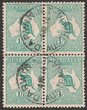 1/- Blue Green blk of 4. F-VFU, tiny tear on left, Darwin 4 MR 14 cds. SG 11a cat &pound;120+++. ACSC 30c cat $200+++. (4). (P)
