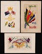 Australia: WWI silks (2) with Royal Australian Navy (RARE, not seen by us before!) & Rising Sun badge. GB/French WWI era silks (10) inc 1914-15 Vive les Allies, A Volley of Greetings, Souvenir from France, Souvenir of the Great War, Souvenir of Ypres. All generally F-VF U. (12).