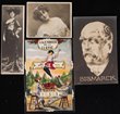 Novelty issues, including half-size and midget cards; hidden figures of Napoleon and Bismarck formed from naked women; cards with movable sections (5); appliqu?d materials including real hair, feathers and felt; leather cards; and hold-to-light cards (6). All different. (47)