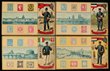 Stamps and postal related, including collage cards (9) with pictures made from cut-up stamps; series (9) showing stamps, scenes and postmen in uniform from different countries; others including ?Language of Stamps?, novelty fold-outs, and a wide range all depicting stamps. Mostly Golden Age cards in F-VF condition, including many Scarce types. (62)