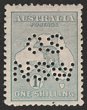 1/- Pale blue-green, perf OS NSW. F MLH, tiny inclusion in lower margin. SG 11a(var). ACSC 30D cat $1000 as normal. Exp Champion. (P)